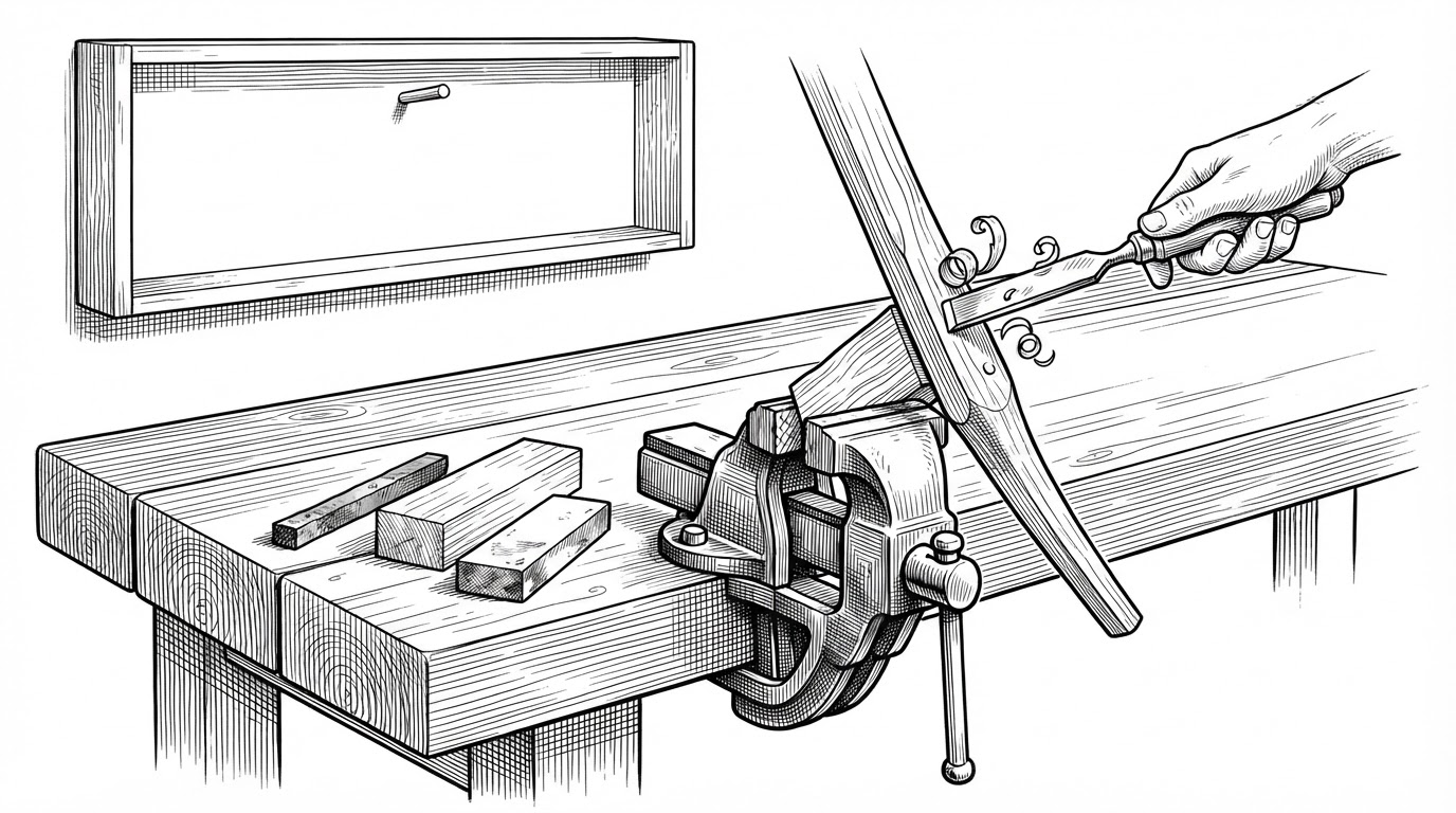 An editorial ink illustration of a lone craftsman's workbench holding a single piece of wood clamped in a vise, being shaped with one chisel, while a bare tool rack hangs on the wall behind. It depicts an engine built for exactly one job: nothing on the bench is generic, and the emptiness is the argument the article makes about software written for a single user.