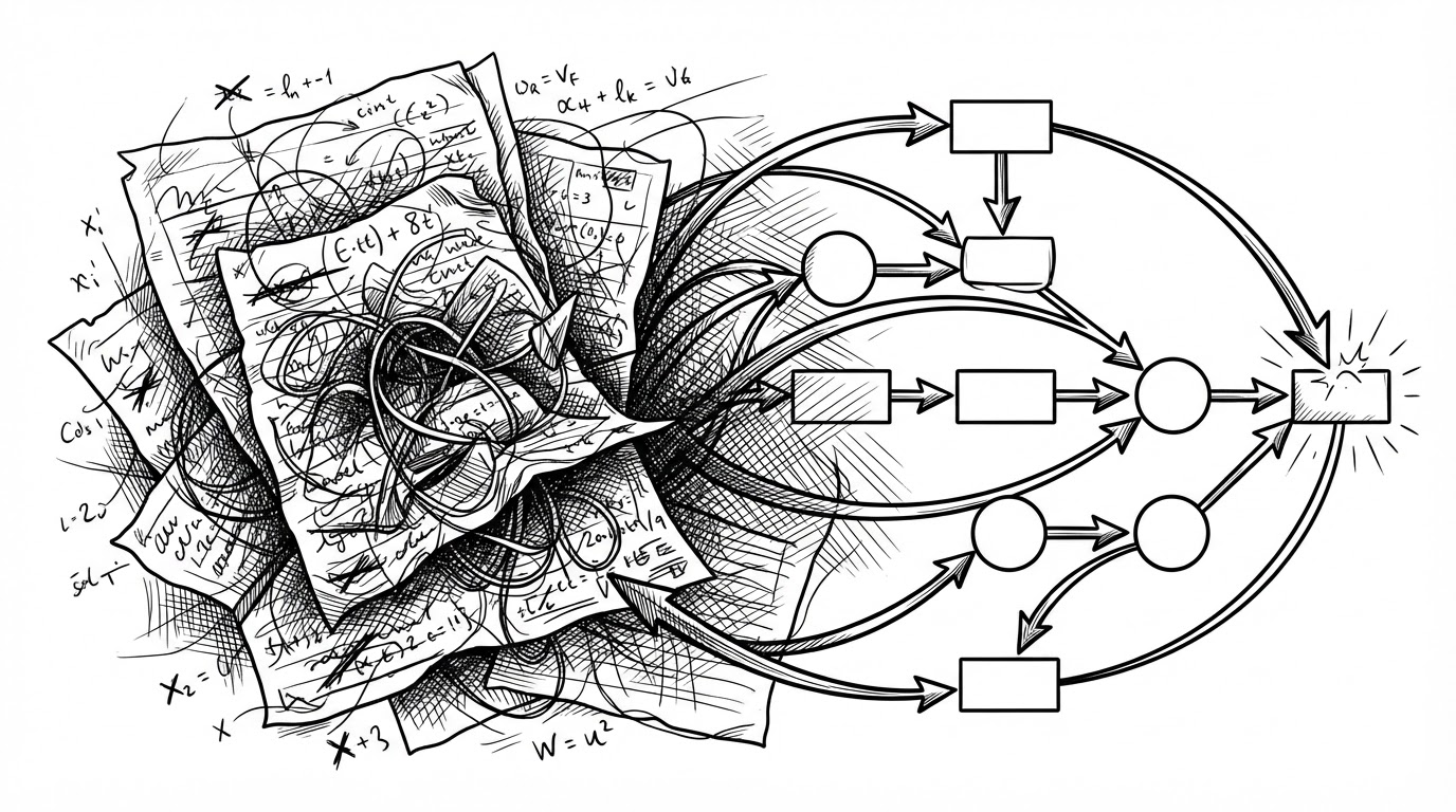 A tangled notebook page on the left is reorganized into a clean dependency graph on the right. The scene explains how marimo turns loose, order-dependent cells into a system where changes propagate only through explicit data dependencies.