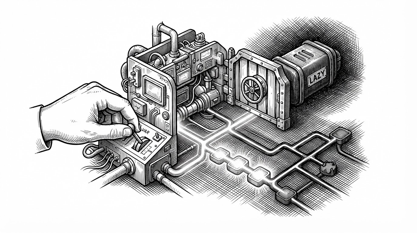 A close-up of a notebook cell drawn like a control chamber with valves, switches, and branching pipes. One variable change sends light through a dependent chain while an unrelated branch stays dark, and a heavy cell is held behind a gate to show lazy execution.