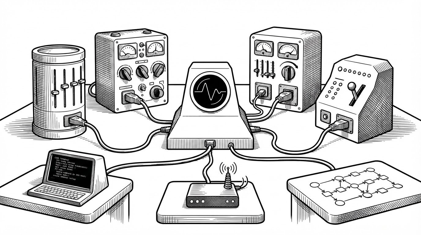 A central control console feeds one standardized cable into a ring of mismatched broker machines, each with different connectors and dials. Three smaller work surfaces sit nearby for code, webhook alerts, and visual flow. The scene explains how OpenAlgo turns many broker endpoints into one normalized trading layer.