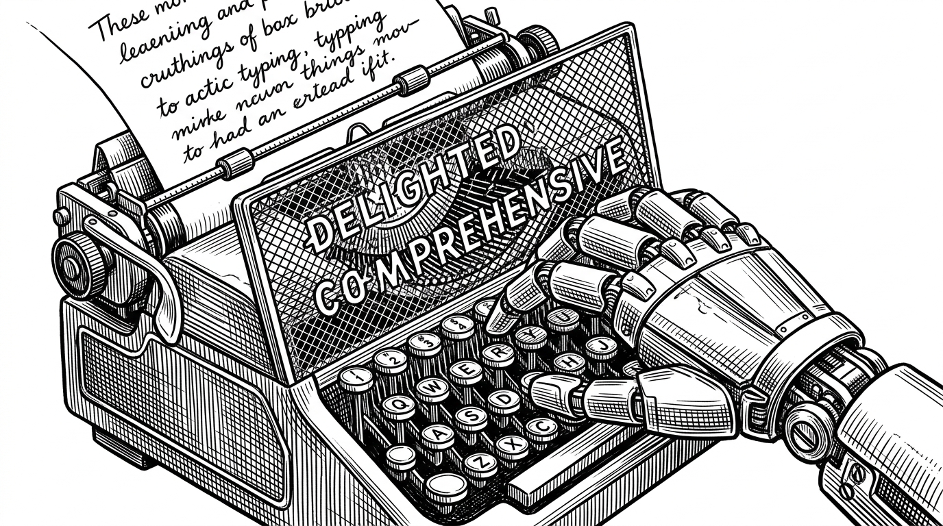 A mechanical hand typing on a typewriter through a fine mesh screen that catches robotic words while letting handwritten script pass through.