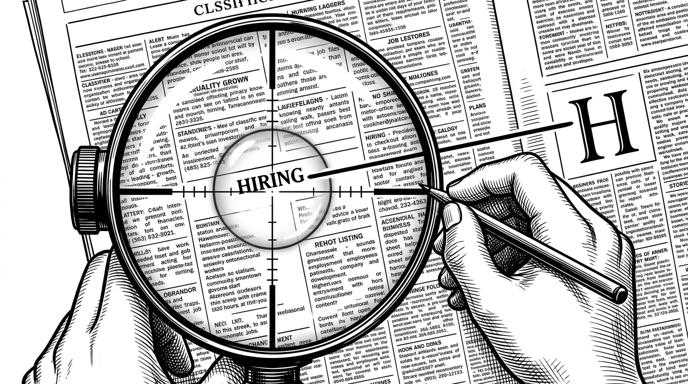 A sniper scope focusing on a single hiring announcement in a newspaper, with a line drawn directly to a crafted letter.
