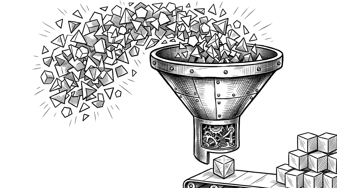 A messy cloud of floating geometric shards being poured into a heavy iron funnel, emerging as a perfect crystalline cube, representing the transition from LLM noise to formal mathematical certainty.