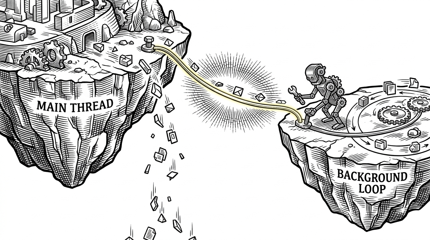 Two distinct islands separated by a void, connected by a single glowing cable being bolted into place by a small robot.