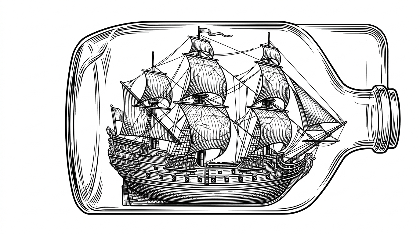 A massive, intricate 18th-century galleon perfectly reconstructed inside a modern, sleek glass bottle. This represents the heavy MATLAB desktop environment running seamlessly inside a lightweight Jupyter browser tab.