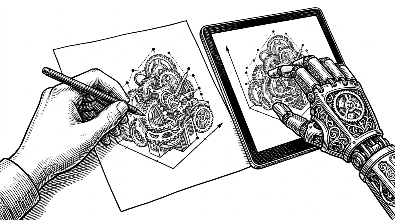 A human hand drawing a complex 3D plot on a piece of paper while a mechanical hand simultaneously mirrors the exact drawing on a digital screen. This illustrates the tight synchronization between the Jupyter frontend and the MATLAB Live Editor backend.
