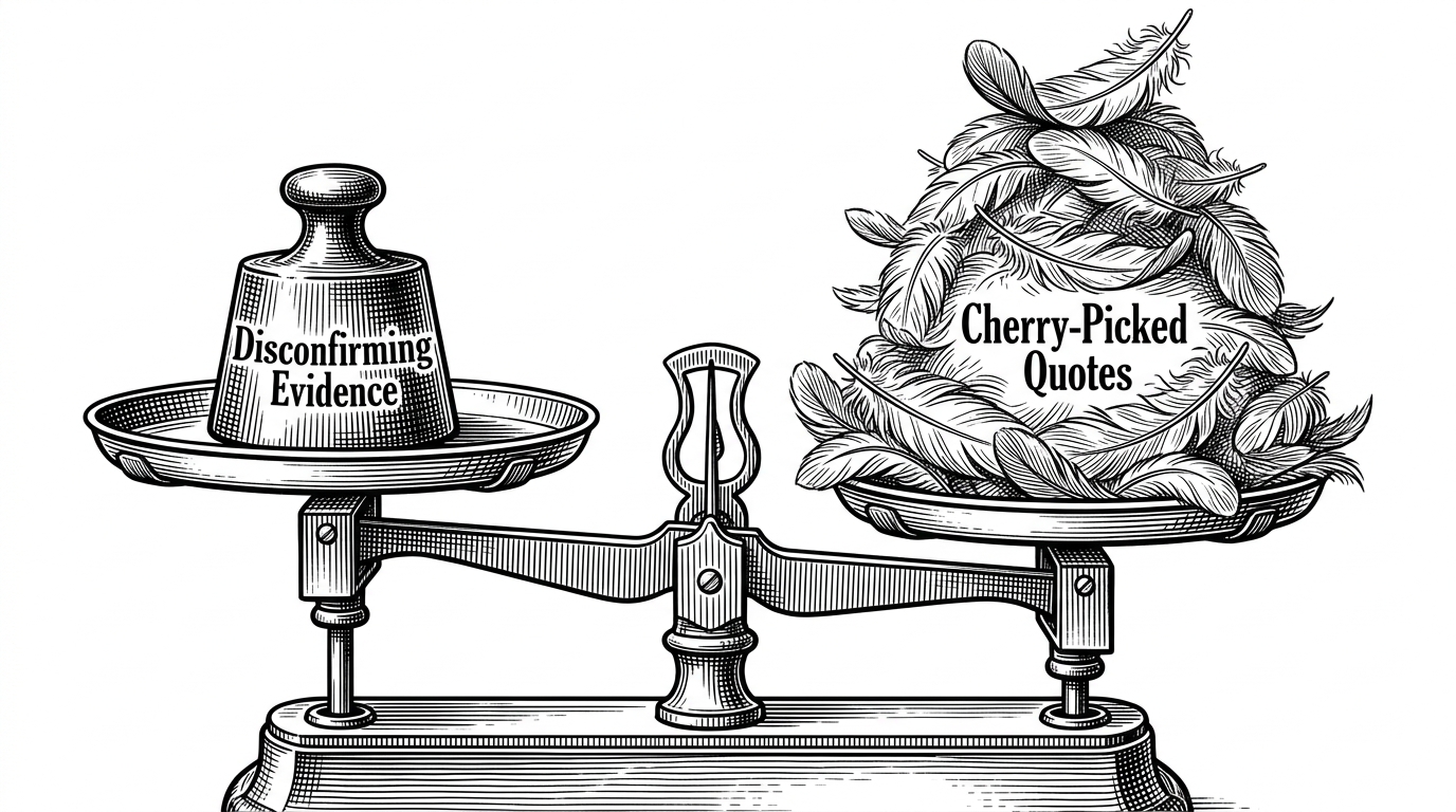 A vintage jeweler's balance scale. The left tray holds a single solid iron weight labeled 'Disconfirming Evidence'. The right tray holds a massive pile of feathers labeled 'Cherry-Picked Quotes'. The scale tips toward the heavy iron weight. This illustrates the strict rubric demanding quality over volume.