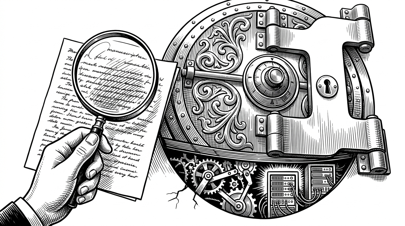 A massive bank vault door slightly ajar, revealing automated gears inside, while a human hand with a magnifying glass inspects a manuscript outside. This illustrates the concept of human manual effort unlocking automated research tools.