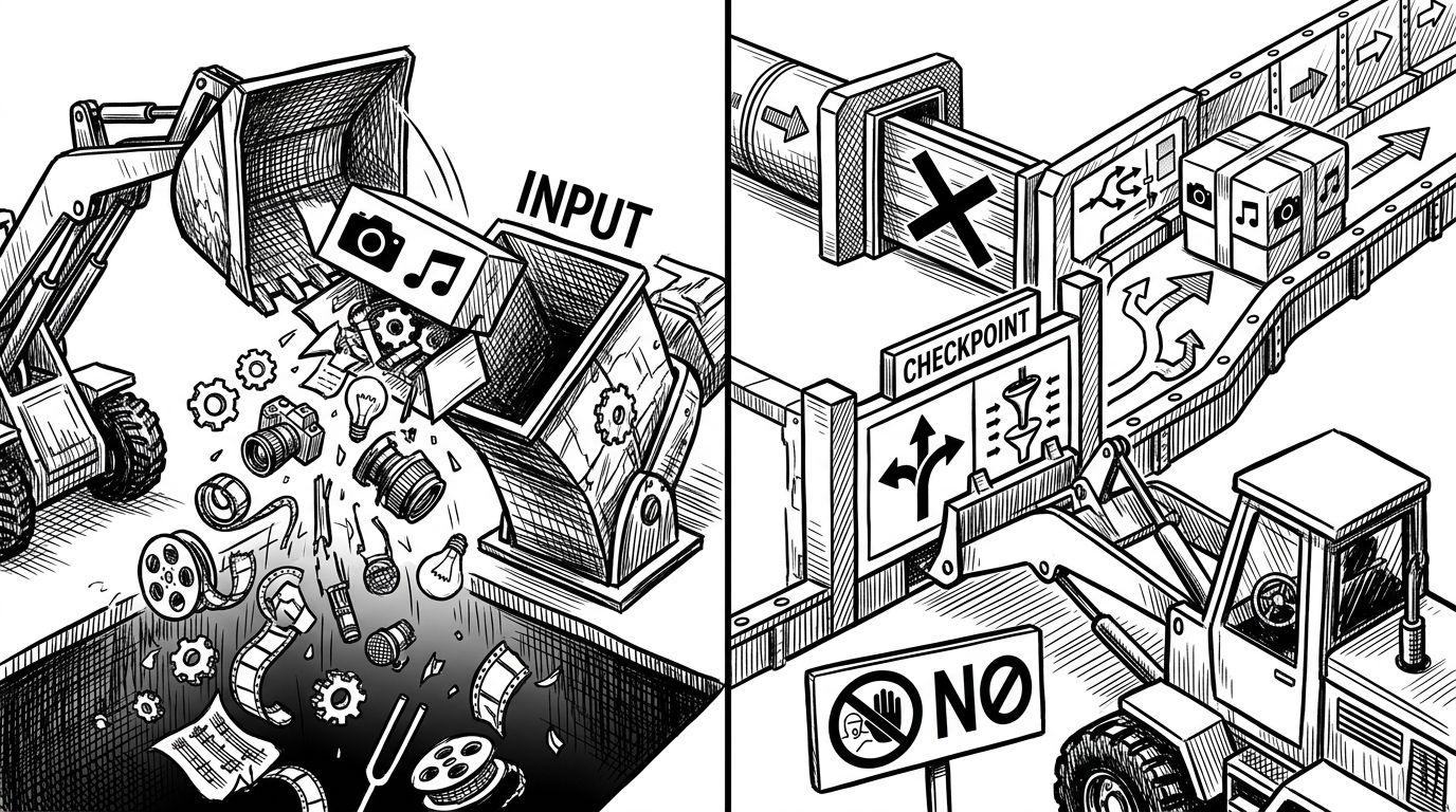 A split close-up shows two model-loading paths under inspection. On the left, a generic loader drops a multimodal checkpoint into the wrong chute and the vision and audio pieces spill out as loose gears. On the right, a guarded loader stops at a checkpoint gate, routes the model through the correct conditional-generation path, and blocks silent fallback. The image explains why refusing the wrong loader is the repo's central safety move.