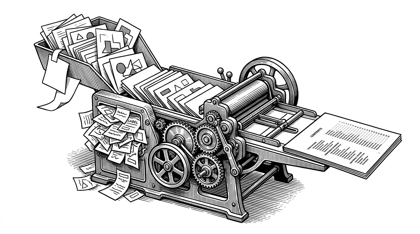 An editorial scene of loose index cards for AI terms feeding into a mechanical press that stamps them into one clean book page. It explains the repo’s central move: turning scattered jargon into a governed reference system.