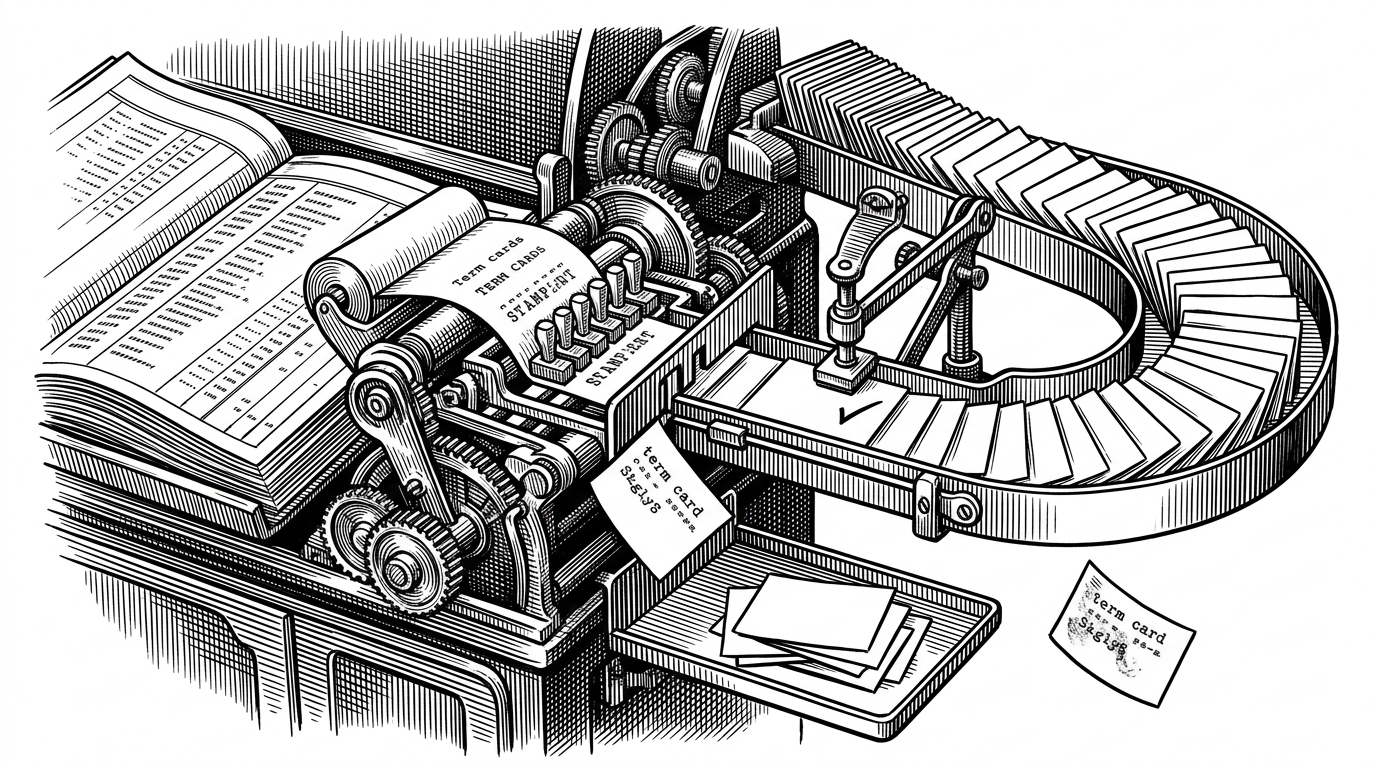 A close-up editorial illustration of a typesetting machine checking individual cards against a master ledger. One stray card sits outside the ledger’s reach, while aligned cards pass through a stamping gate. It explains validation, ordering, and orphan detection in the build process.