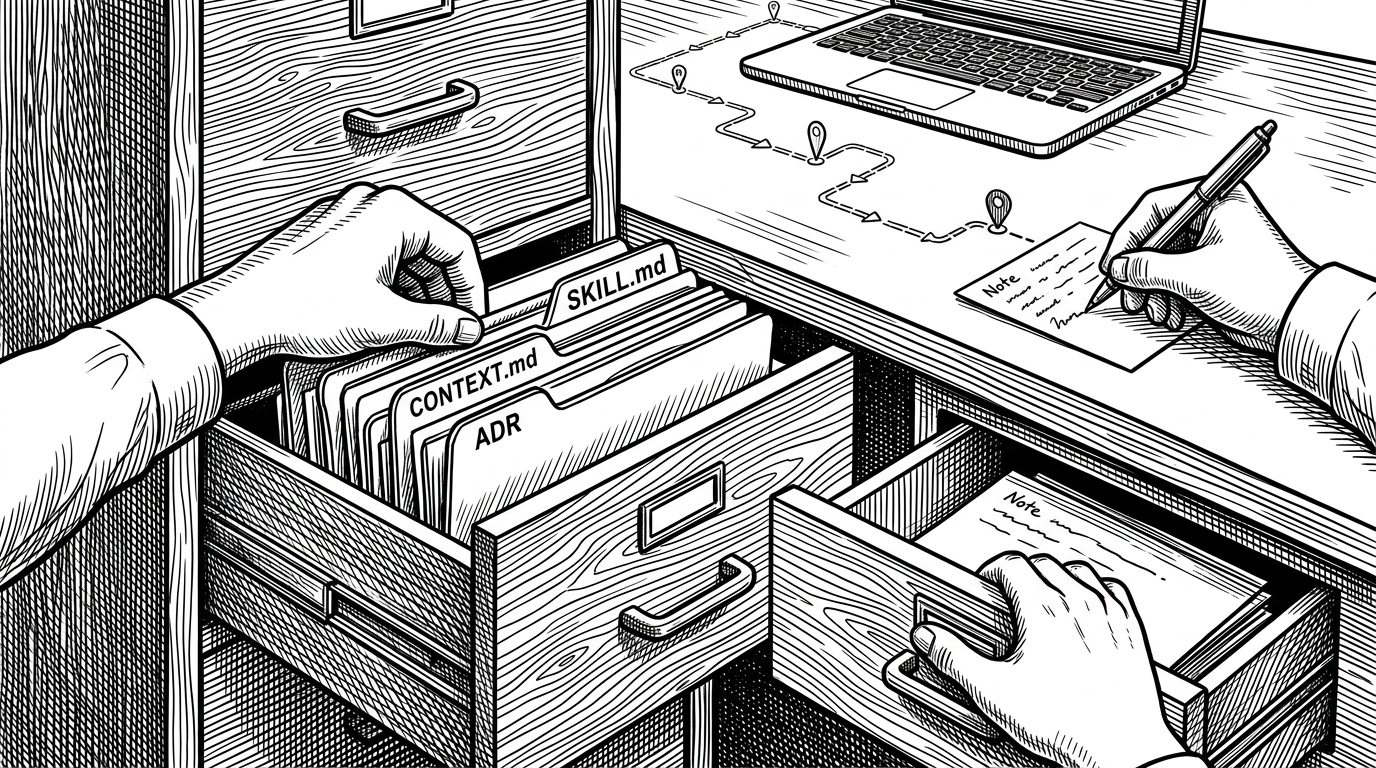 A close-up workbench shows labeled folders like SKILL.md, CONTEXT.md, and ADR being filed into drawers while a breadcrumb trail leads back to a laptop. The image explains how the repo externalizes memory so later sessions can recover context from disk.