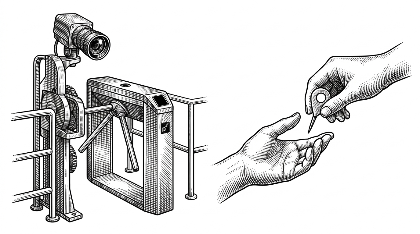 A split illustration showing a mechanical camera turnstile on the left and two human hands passing a map pin on the right