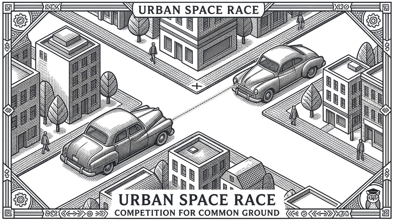 Two vintage cars connected by a glowing thread approaching a parking space in an isometric city grid