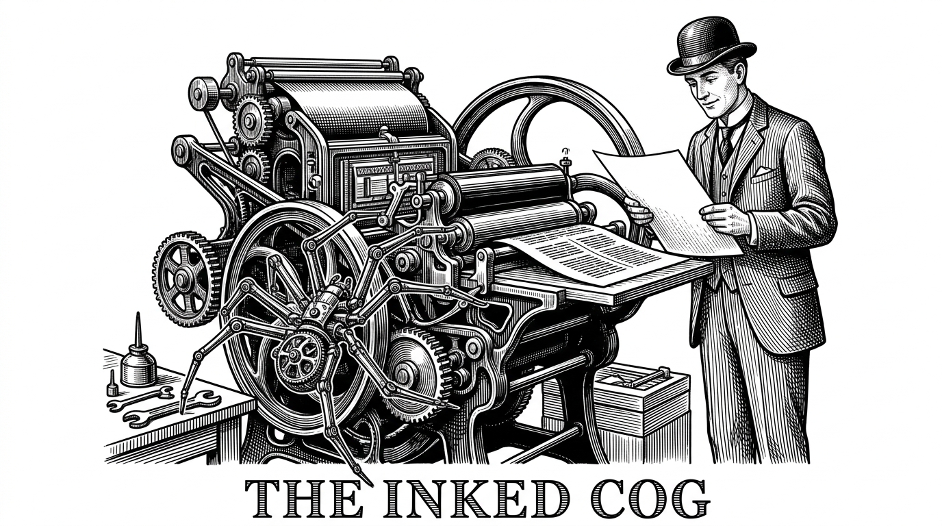 A classic printing press operated by a human, while a mechanical spider assembles the intricate gears. This represents the combination of human orchestration and autonomous AI scaffolding.