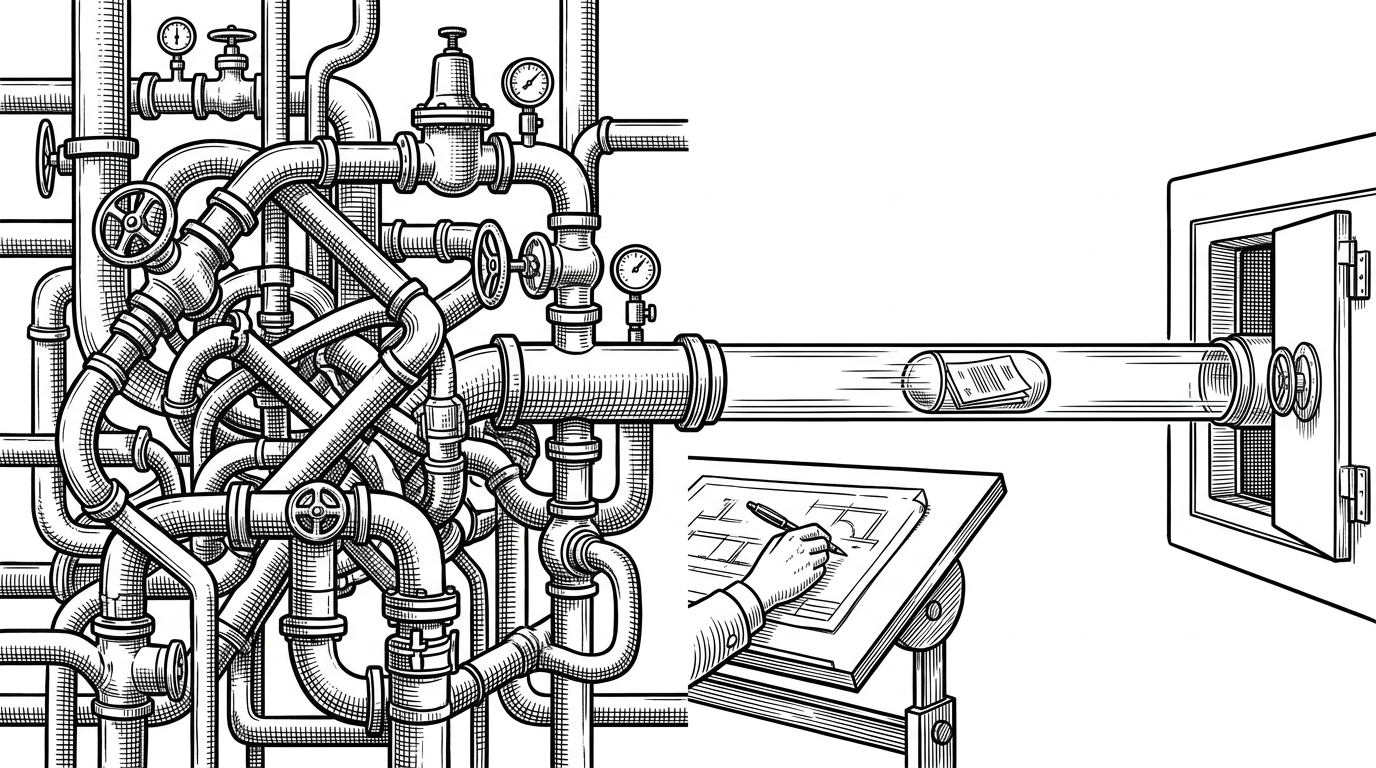 A split scene comparing a tangled labyrinth of pipes to a single direct pneumatic tube, illustrating the simplicity of Server Actions over traditional API routes.