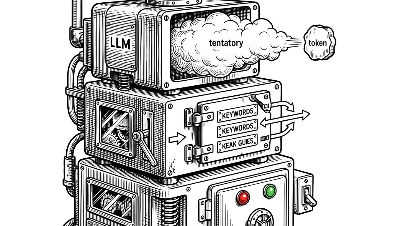A close-up mechanical decision rail with three layers. A foggy upper chamber emits a tentative category, a middle gate with hard-edged deterministic rules blocks and reroutes some paths, and a lower executor section shows red skip and green execute lights beside a human approval switch. The image explains how model output is accepted only after rule-based checks and safe execution validation.