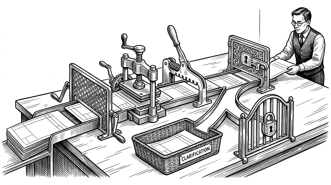 A wide editorial scene of a triage desk where an intake form moves through a sequence of mechanical gates before reaching a human operator. One path is blocked, another is filtered, and a side tray collects uncertain cases, showing that the system is designed to slow decisions down before they become actions.