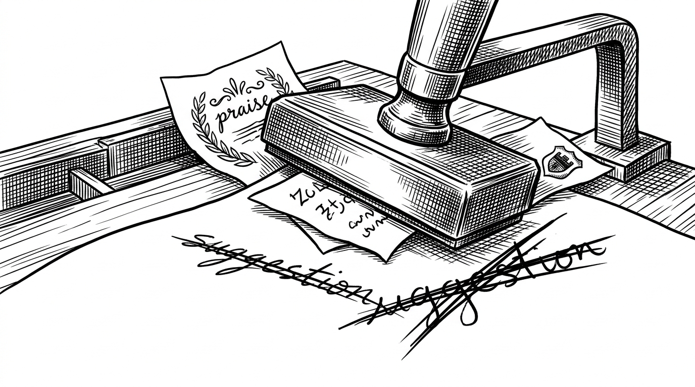 A close-up of a bureaucratic sorting mechanism where messy notes are forced under a stamp-like rulebook press. One note is praise, one contains a security phrase, and one is ambiguous, while the hard rule physically overrides the model’s suggested category.