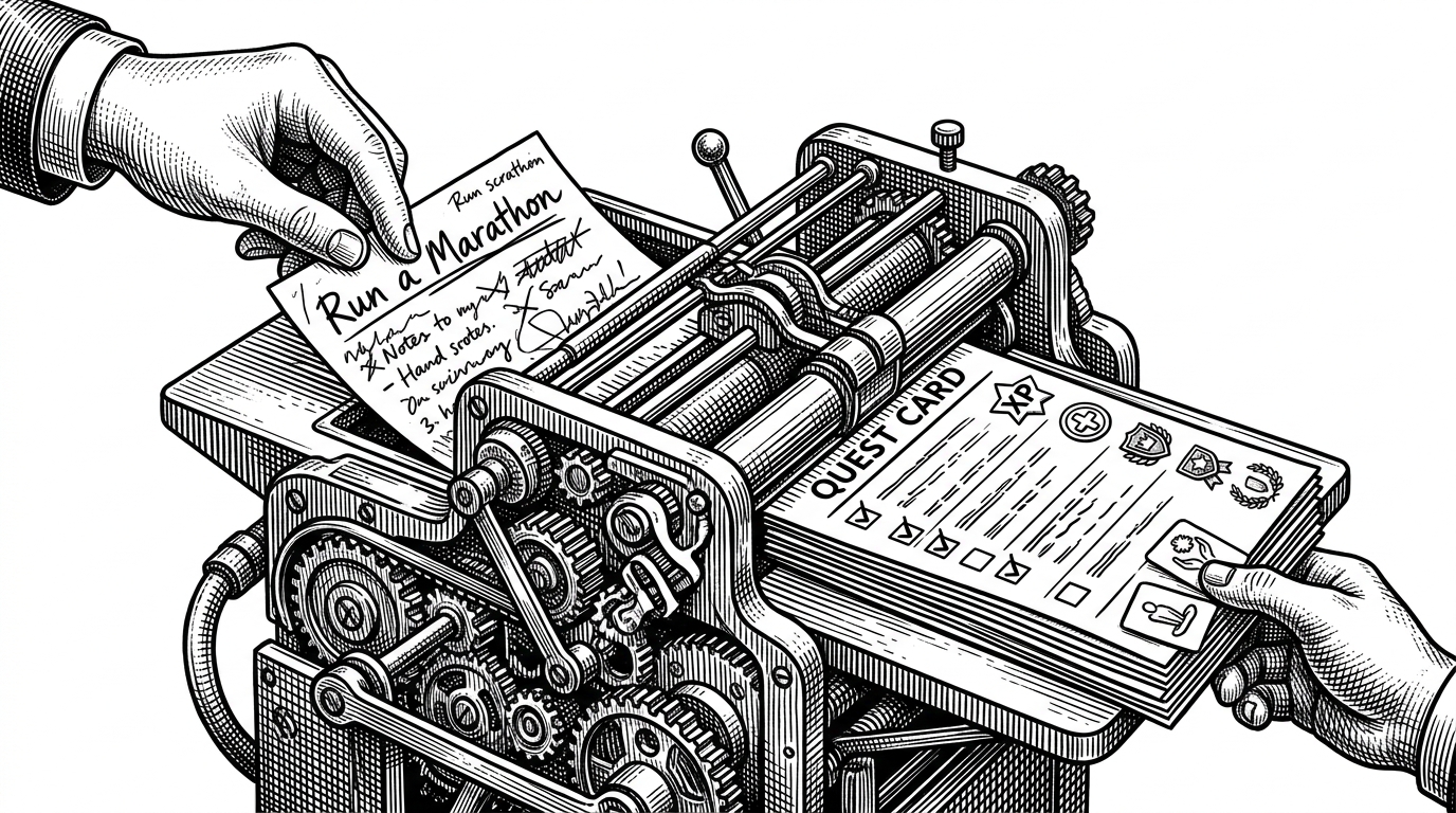 A handwritten goal card is fed into a mechanical press, which outputs a stack of neat quest cards with checkboxes, XP markers, rank badges, and a small recovery token. The scene explains how LevelUp turns a vague intention into executable tasks, then keeps that output structured enough to act on.