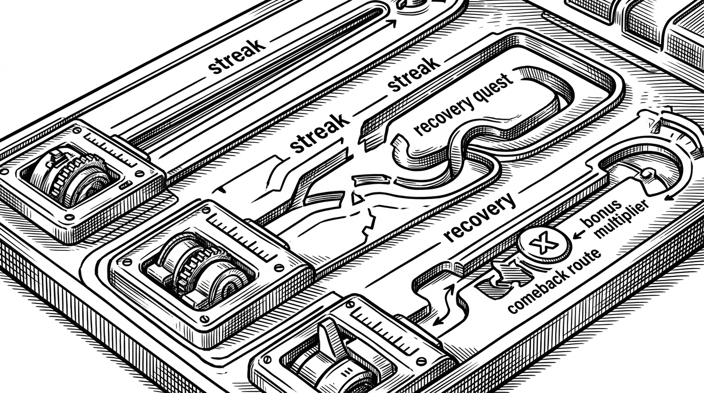 A close-up of a control panel shows a left-to-right pipeline of goal text, system instruction, decomposition, quest JSON, persistence, completion, penalty, recovery, and leaderboard sync. One path is active and clean, while a missed quest loops back into recovery. The image explains that the AI is only the first step in a longer operational system.