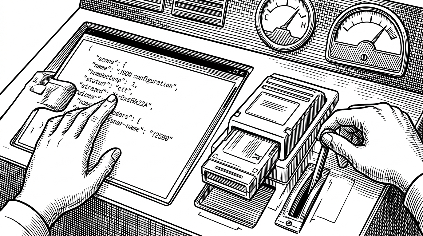 A close-up black-ink illustration shows a terminal transformed into a mechanical control board. A hand edits JSON in a config pane while another pulls a lever labeled by shape, not text, to unload an old model cartridge before a new cartridge slides into place. Gauges in the background suggest context and readiness, explaining how the script manages state instead of merely launching software.
