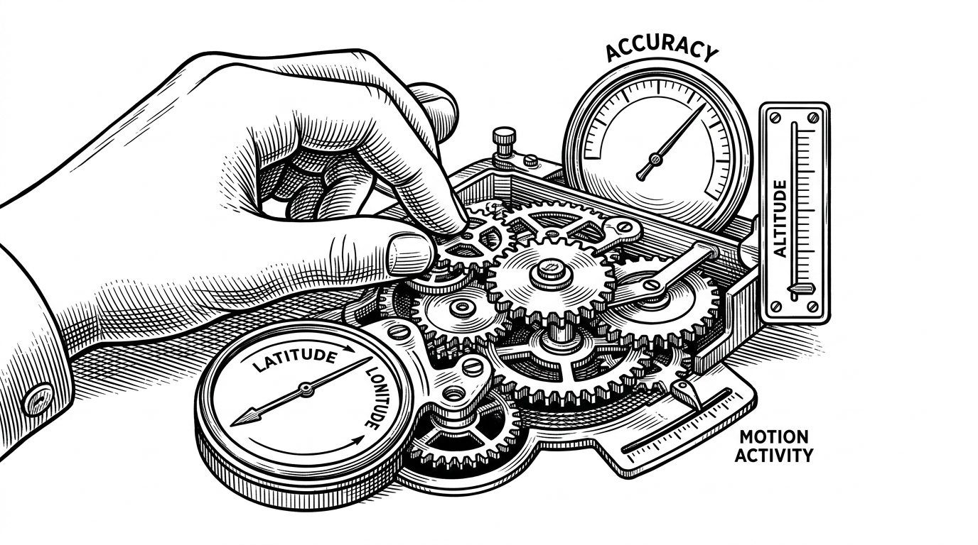 A close-up of a watchmaker-like workspace with several tagged cards and dials for latitude, longitude, accuracy radius, altitude, cell coordinates, and motion activity. A hand adjusts them as a linked set rather than moving one pin on a map. It explains why the repo edits multiple fields, not just the final coordinates.