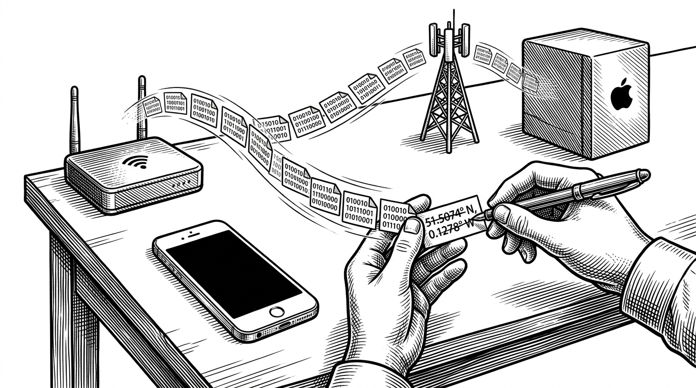 A desk scene with an iPhone-like device receiving location data through a transparent packet stream. Nearby Wi-Fi routers and cell towers feed signals toward a stylized Apple server, while a hand intercepts the response and rewrites coordinates before they reach the phone. It explains that the spoof happens in the network conversation, not by changing the handset’s GPS sensor directly.