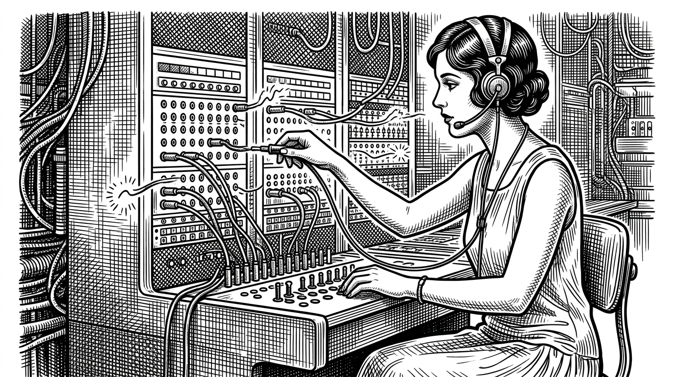A vintage telephone switchboard operator plugging multiple different cords into a massive patch panel. It represents managing multiple concurrent independent streams of communication without stopping the main workflow.