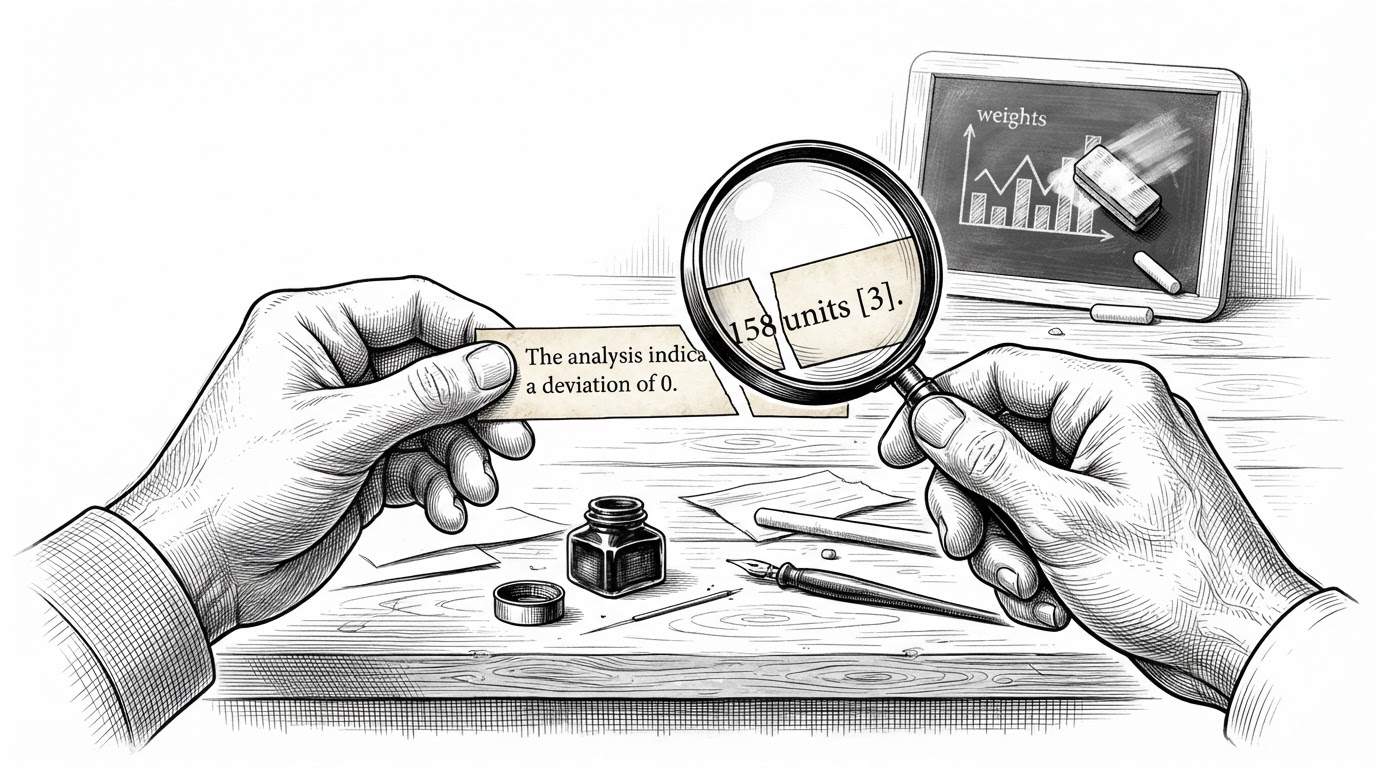 A close-up editorial illustration of two hands at a workbench. The left hand holds a strip of paper printed with a sentence and a citation marker. The right hand holds a magnifying lens over a decimal number, and the lens is cutting the paper strip in half exactly along the decimal point, splitting the sentence into two fragments. In the background, faint on a slate, a small weight chart is being rebuilt from scratch.
