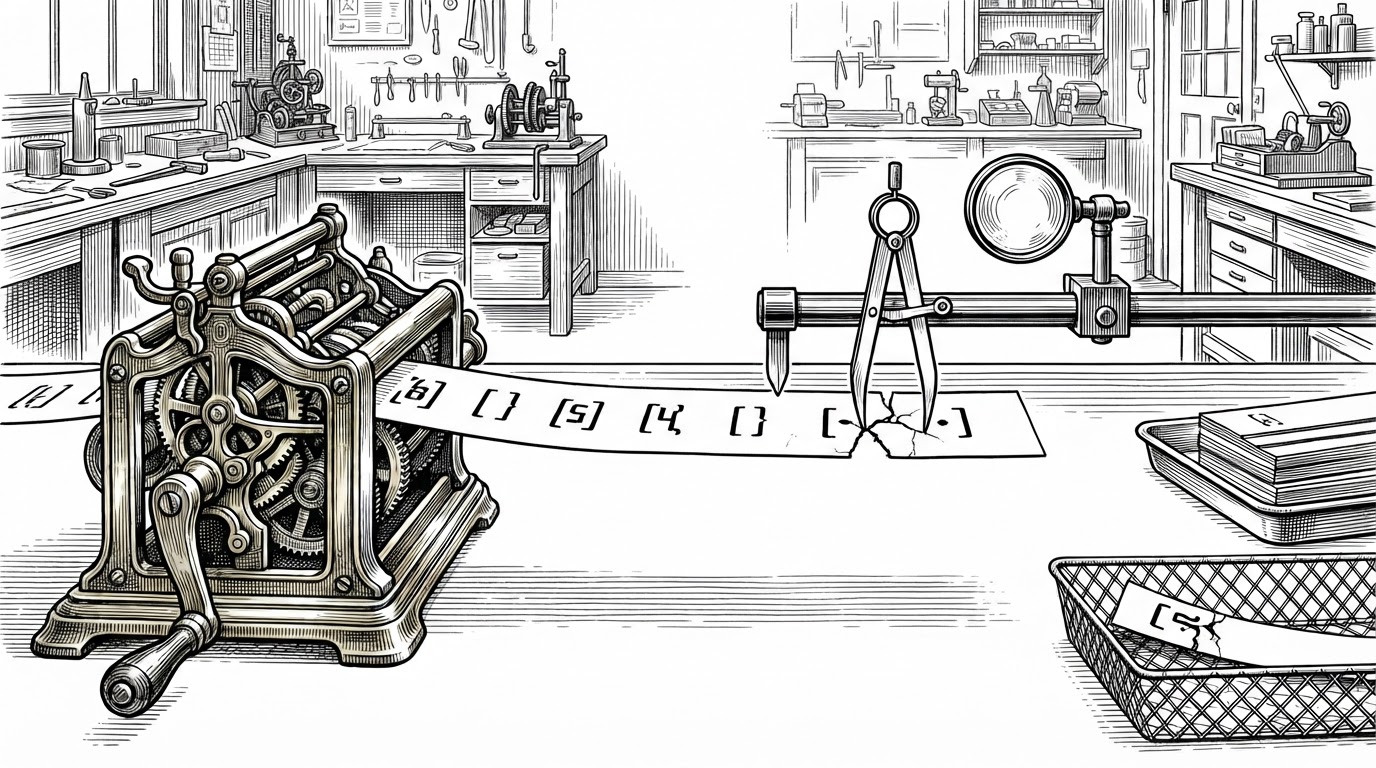 An editorial illustration of a mechanical workshop. On the left, an ornate brass machine produces a strip of paper tape punched with bracketed number markers. On the right, a simpler machine made of calipers and a magnifying lens mounted on a rail inspects the tape as it emerges. One punched marker on the tape is cracked and the caliper is touching it. A tray of approved tape sits at the far right, and a wire basket holds a single flagged strip with a broken marker.