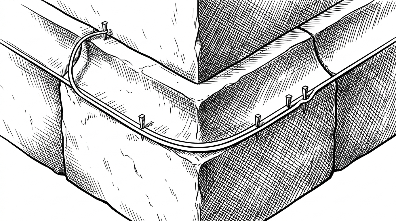 A close-up of a sharp 90-degree corner of a stone block, with a smooth curved line wrapping seamlessly around the edge, pinned in place by tiny surveying stakes. This represents the mathematical projection of flat paths onto 3D geometry.