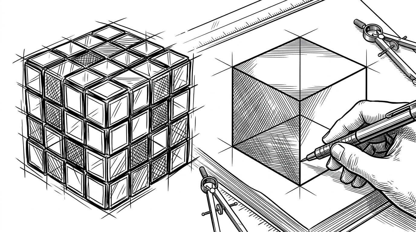 A split composition showing a glowing, pixelated cubic structure on the left and a crisp, mathematically precise wireframe cube being drawn by a mechanical pen on the right. This illustrates the difference between fixed-pixel WebGL output and infinitely scalable vector SVG.
