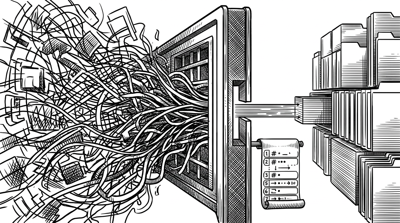 A close-up of a filesystem gate where broad model-generated commands push against a narrow opening, while a line-range edit slips through into a codebase and a ledger records the action. The image explains how Clodex reduces overwrite risk by constraining agent edits to precise, mediated changes.
