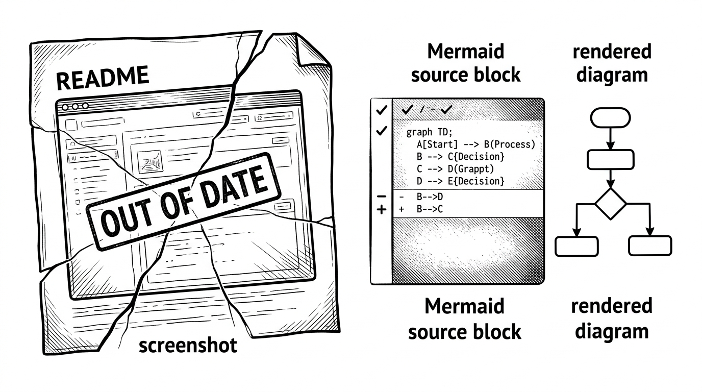 A split editorial illustration comparing two documentation workflows. On the left, a cracked pasted screenshot sits in a README with an out-of-date stamp. On the right, a Mermaid source block in code review sits beside a rendered diagram, diff checks, and a single line change. The image explains why diagrams-as-code resist document rot better than static images.