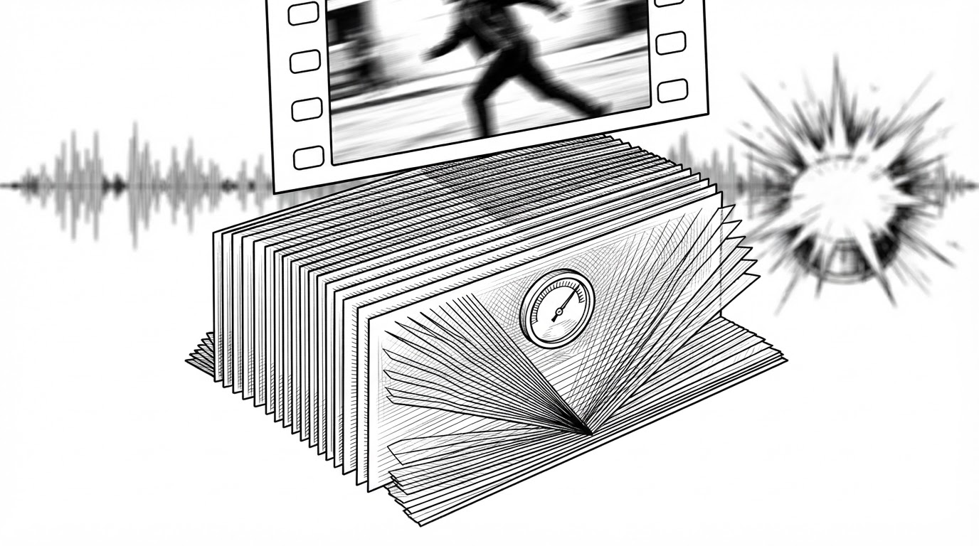 A close-up engraving-style illustration shows layered sub-frame slices fanning out beneath one movie frame. Some slices are evenly spaced, while others split recursively as a small error gauge shrinks, explaining that motion blur is earned through convergence rather than smeared in post.