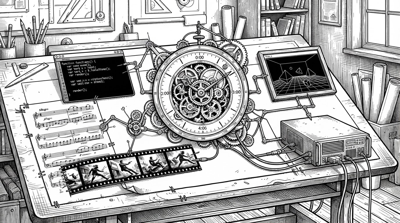 A wide editorial scene shows a drafting table where a score, a code editor, and a film strip are stitched together by small mechanical arms. At the center, a clockwork timeline wheel sends synchronized pulses into a Three.js scene frame and a render box, explaining that the video is computed from song time rather than assembled as a static file.