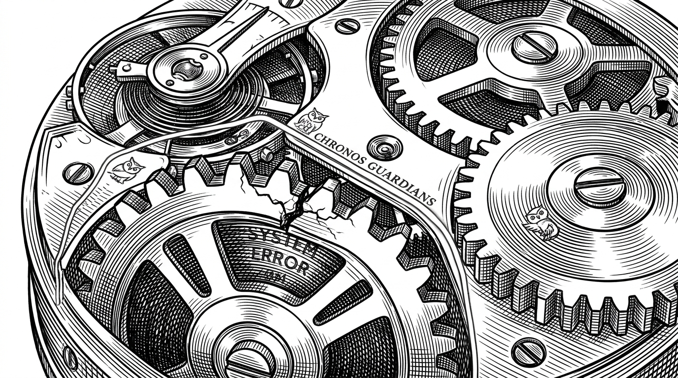 A single cracked gear tooth on an otherwise pristine clockwork mechanism, contained by a thin firewall line.