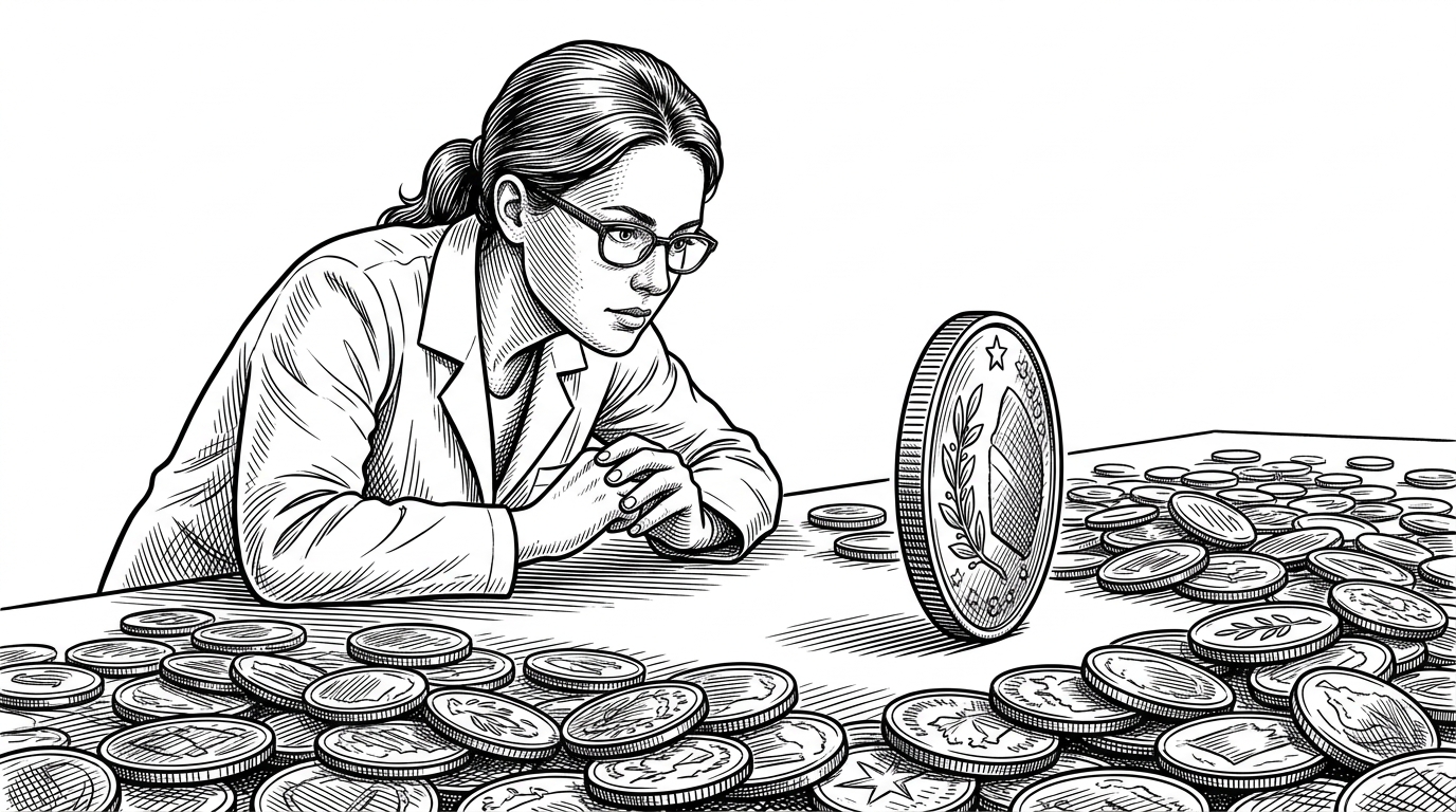 A scientist watching a single gold coin land perfectly on its edge while thousands of other coins land randomly.