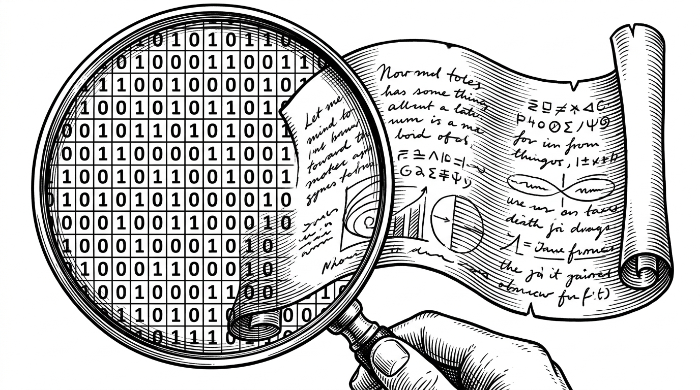 A magnifying glass split down the middle. One side shows green/red binary pixels; the other shows handwritten notes on a scroll.