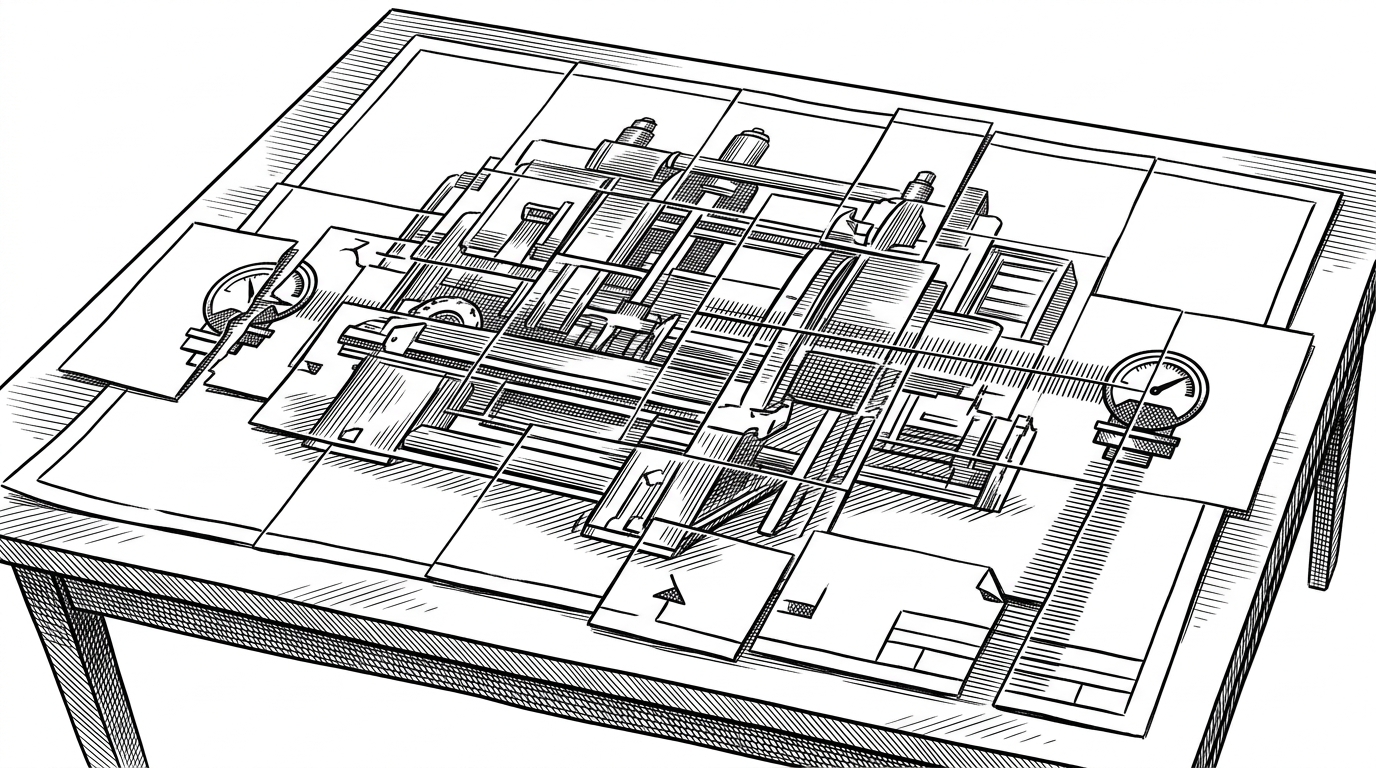 A large engineering drawing is cut into overlapping tiles like a quilt, and one symbol straddles a tile edge before being reassembled into a complete detection. The image explains why patching and overlap matter for tiny objects on oversized pages.