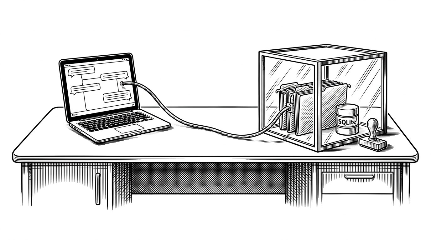 A wide desk scene shows a chat thread on a laptop connected by a physical line to a glass container pod, with files, a SQLite cylinder, and an approval stamp nearby. It explains that the agent session lives in a local workspace instead of floating as a disposable prompt.
