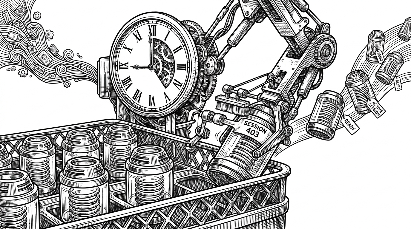 A close-up view shows several pre-warmed containers sitting on a rack like charged batteries. One container is being relabeled for a named session while a clock hand barely moves, illustrating how adoption avoids startup delay.