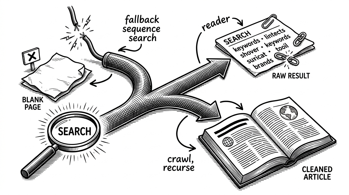 A close editorial illustration of a single query splitting into three ranked branches. One path dead-ends, one yields a search result, and one leads to a cleaned article page, while small labels show the fallback sequence from search to reader to crawl to recurse.