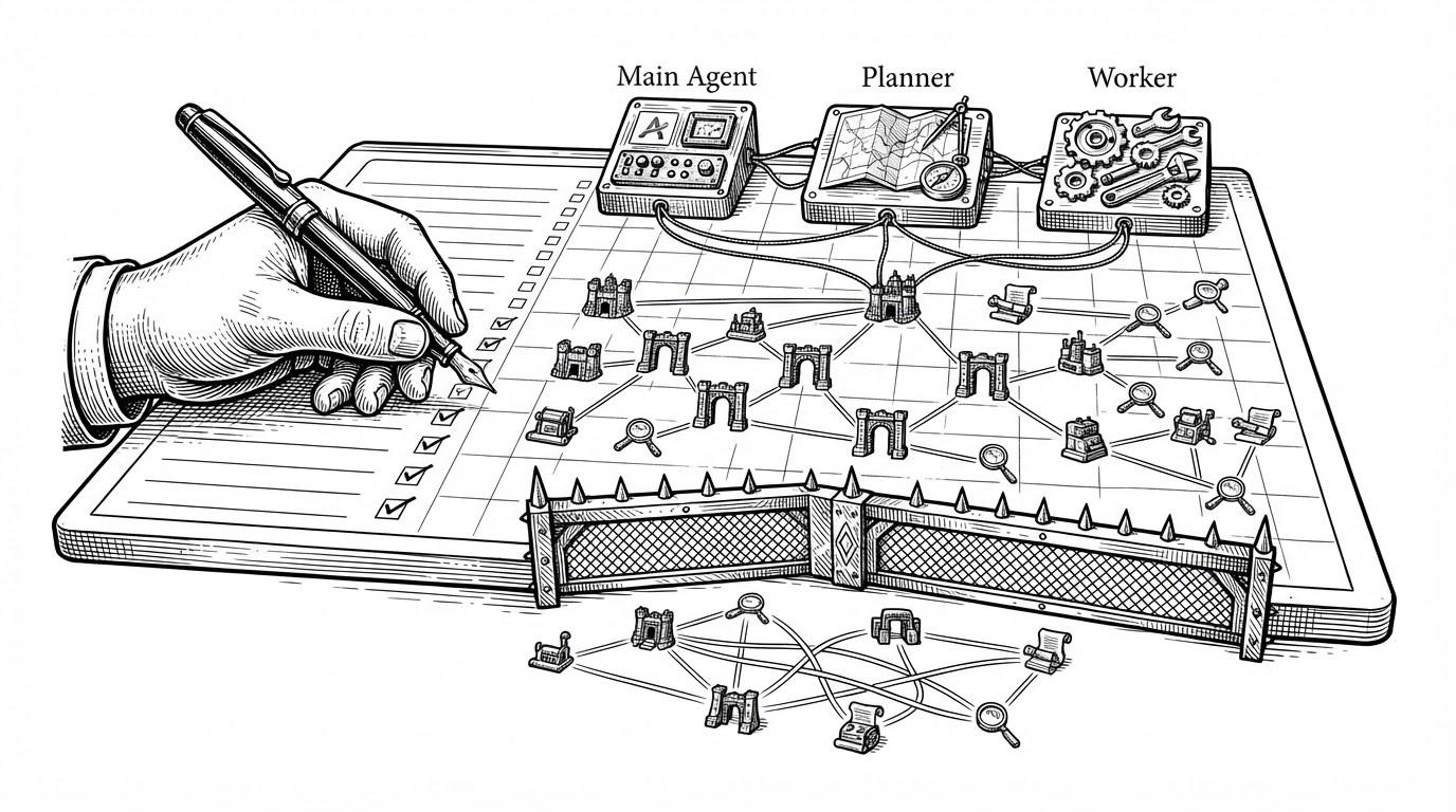 A wide editorial scene of a planning desk organized like a graph board. Three stations labeled Main Agent, Planner, and Worker are connected by thread-like lines, while a human hand holds a pen over approval checkboxes. Below them, a branching network of hosts, ports, and findings spreads across the page, separated from the approved path by a thin firewall-like barrier. The image explains that ARTEX is not a shell wrapper, but a control system for deciding what happens next.