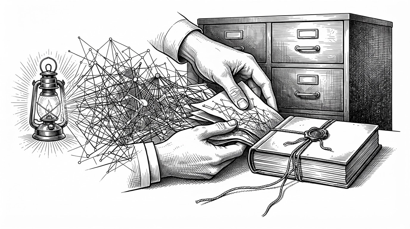 A close-up editorial scene showing a dense bundle of graph nodes on the left being folded into a smaller sealed ledger on the right. A lantern marks the hot working set, while a storage cabinet holds older cold nodes in the background. The image explains how ARTEX compresses old context without losing the lineage needed for future reasoning.