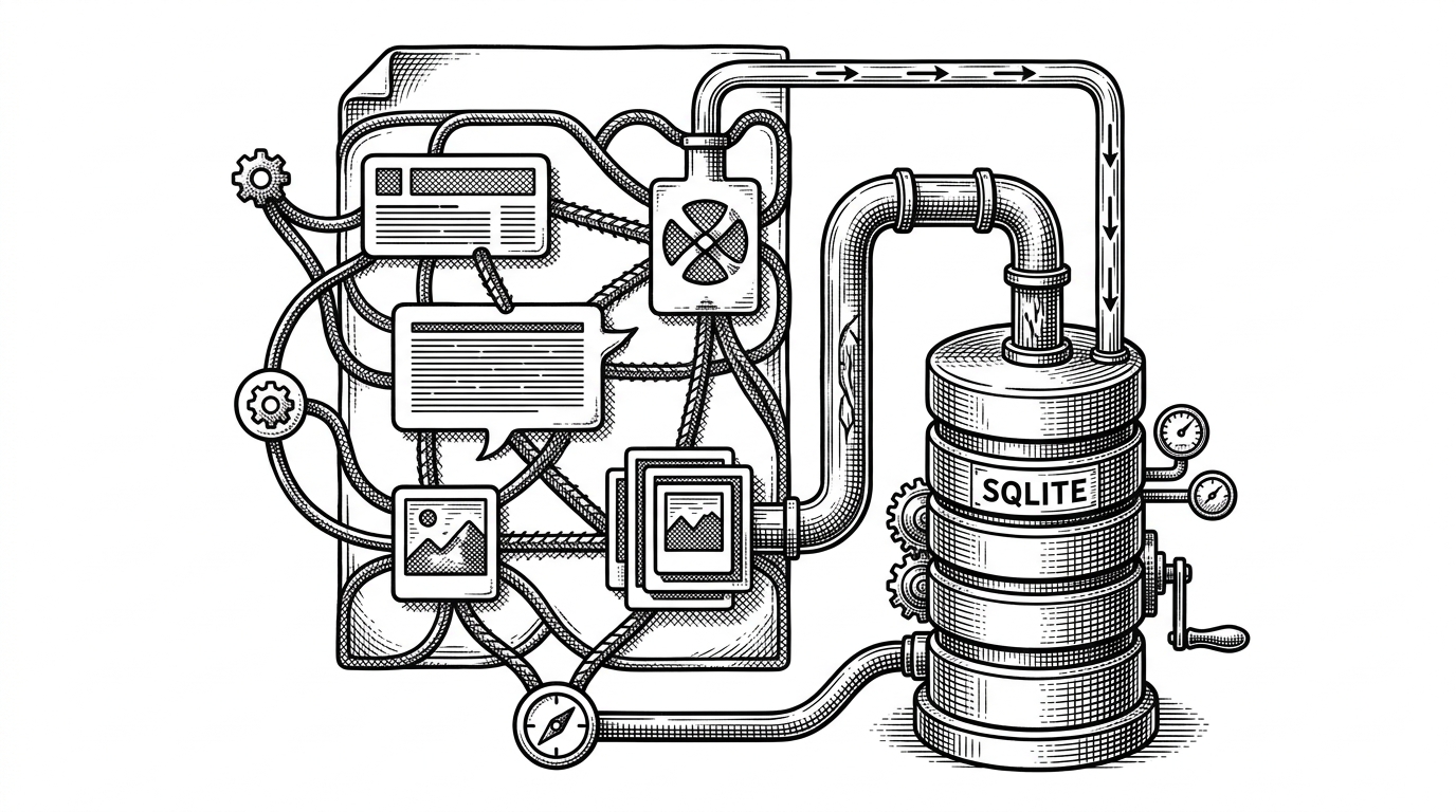 A compact engine room with a single SQLite cylinder feeding a stitched page graph made of nodes for hero, prose, image, gallery, nav, and footer. The image explains how the system keeps persistence and rendering tightly coupled instead of splitting them across many services.