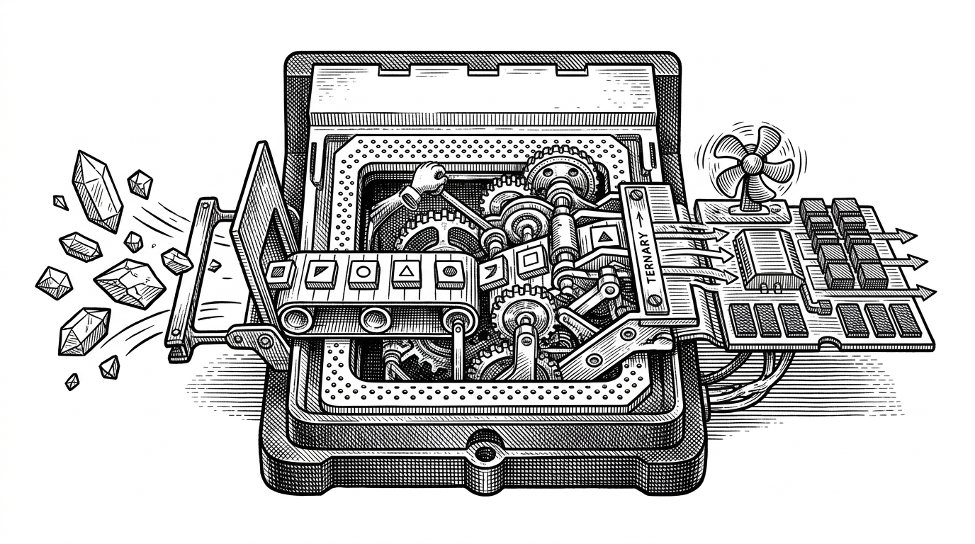 A workshop-like CPU socket filled with tiny ternary tiles, gears, and memory blocks. The image explains BitNet’s core bet: inference can be reorganized so ordinary hardware does less floating-point work and more packed low-bit routing.