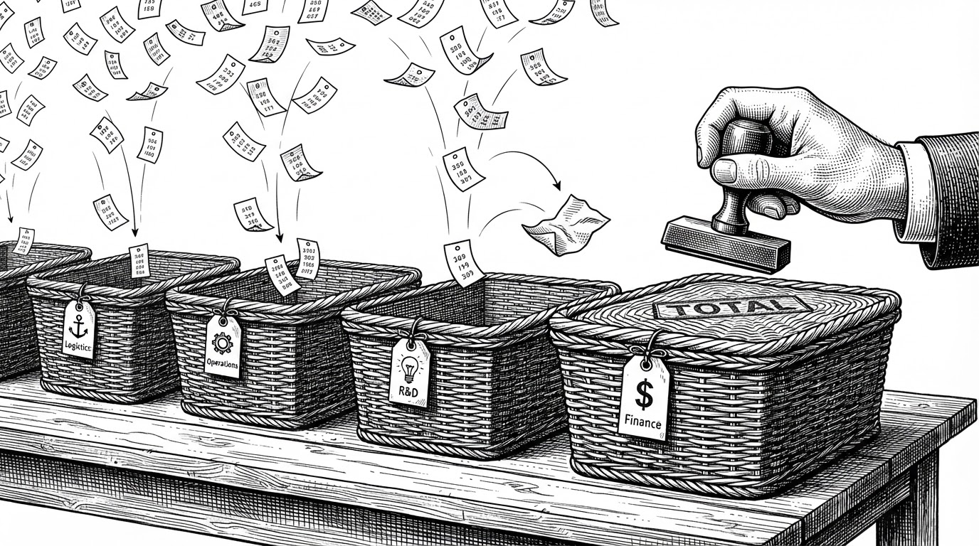 A tight close-up editorial illustration of a row of wicker baskets on a wooden table, each basket tagged with a department name. Dozens of small paper name tags with tiny credit figures flutter down from above, each landing in exactly one basket. A hand holding a rubber stamp presses a total onto the lid of the nearest basket, while one tag hovers unresolved between two baskets. The scene depicts the tool's core job, turning per-user credit consumption into departmental invoices, and foreshadows the join failure that a display-name key causes.