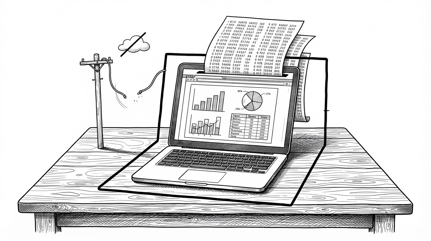 A wide editorial illustration of a wooden analyst's desk with an open laptop at center. Its screen shows a small hand-drawn dashboard of a bar chart, a pie, and a table of names. Two large sheets of paper covered in rows of numbers slide into a slot at the top edge of the screen, feeding the dashboard. A heavy inked boundary line runs around the entire laptop like a fence, and outside the fence a telephone pole holds a severed network cable while a small cloud is crossed out with a single line. The scene explains the tool's trust boundary: tenant data flows into the dashboard but never crosses the fence.